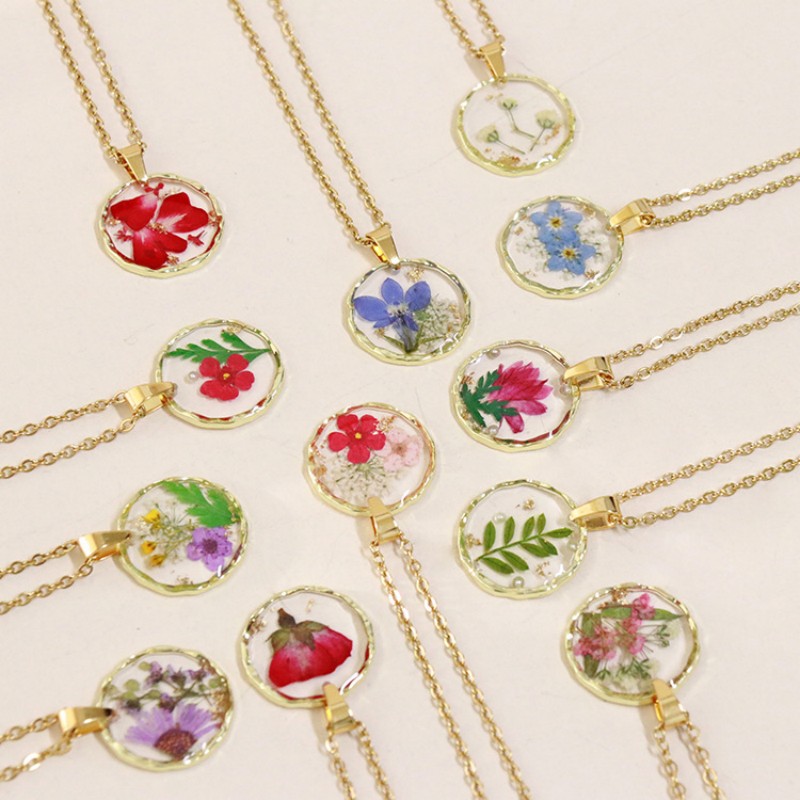 Dried Flower Bouquet - Collier avec pendentif en fleurs pressées,